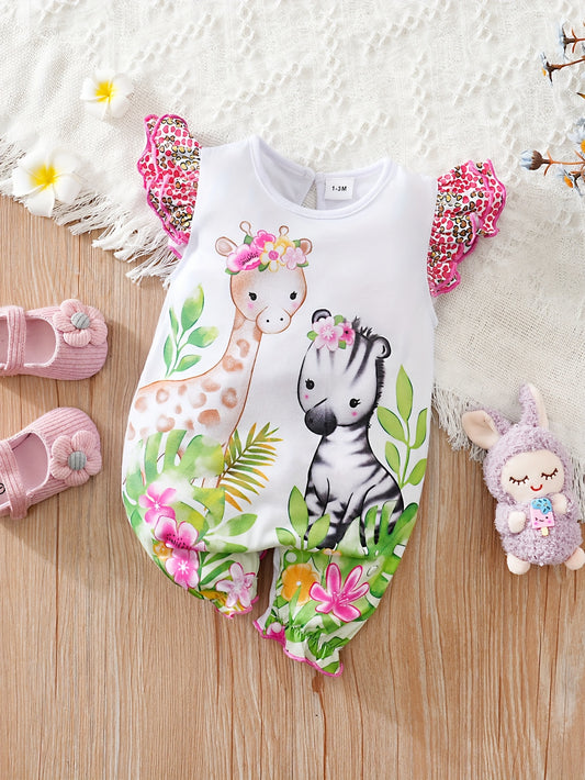 Baby Girls' Casual Romper - Cartoon Deer Print, Crew Neck, Polyester Knit Fabric with Slight Stretch - Summer Outdoor Wear | Flutter Sleeves | Hand Wash Only
