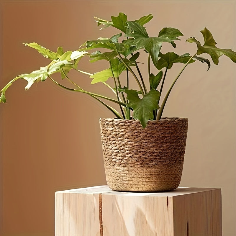 1pc, Handmade Braided Straw Natural Sea Grass Braided Flower Pot Rattan Braided Plant Green Plant Cover Pot Home Decoration Flowerware Contains Waterproof Layer Flower Basket