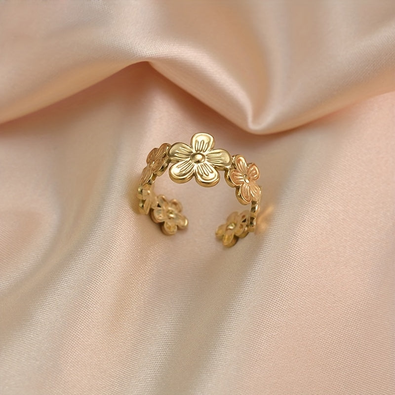 Fashion Stainless Steel Golden Flower Open Ring, Adjustable Rings, Girls Cute Hand Jewelry