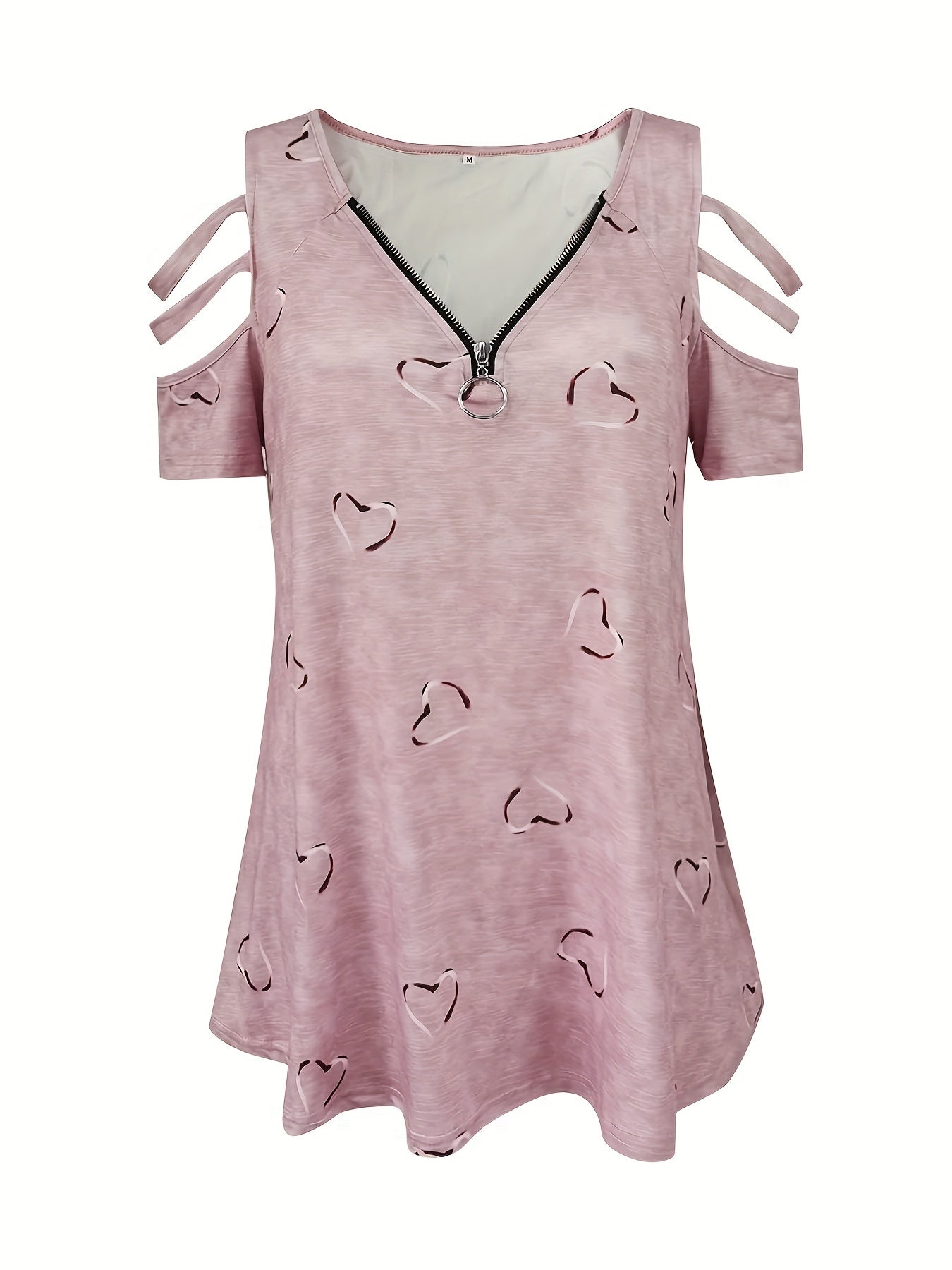 Heart Print Cut Out T-Shirt, Zipper V Neck Short Sleeve T-Shirt, Casual Every Day Tops, Women's Clothing