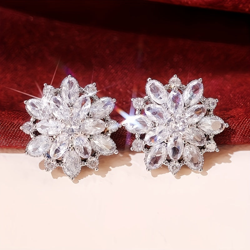 Luxurious Flower Earrings - A Pair With Shiny Synthetic Zirconia Inlaid - Suitable For Ladies' Wedding Parties, Jewelry, And Valentine's Day Gifts