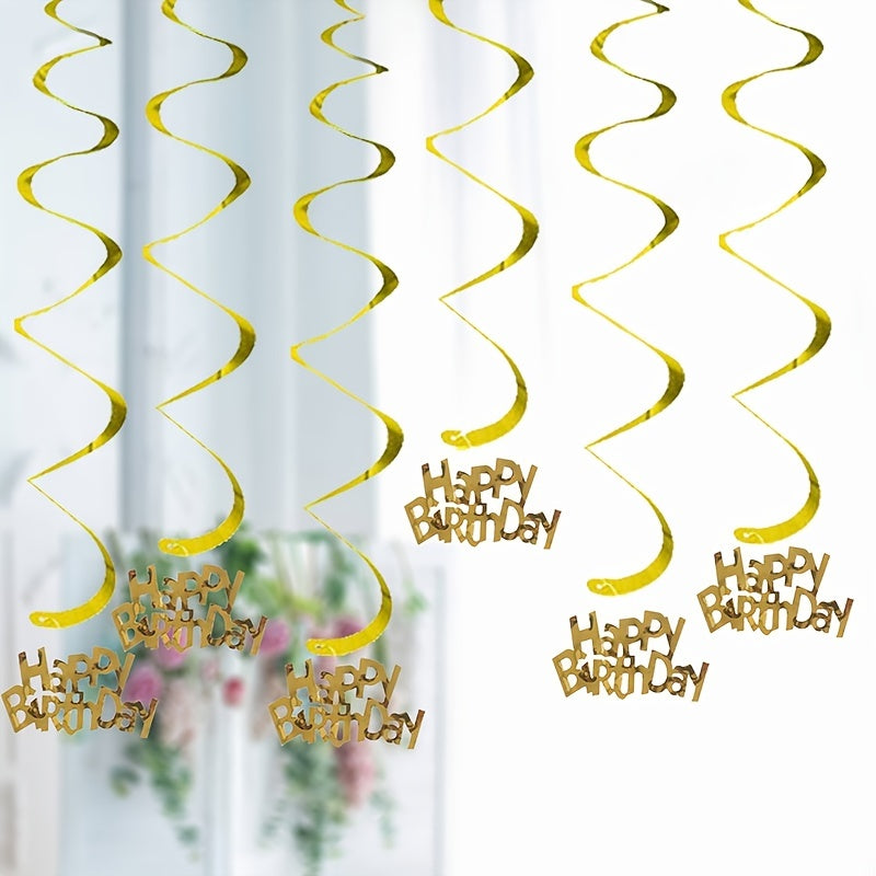 6pcs-Golden, Silvery, Rose Red, Dark Blue, Lake Blue, Rose Golden Birthday Party Spiral Decoration Pendants, Birthday Letter Spiral Decoration
