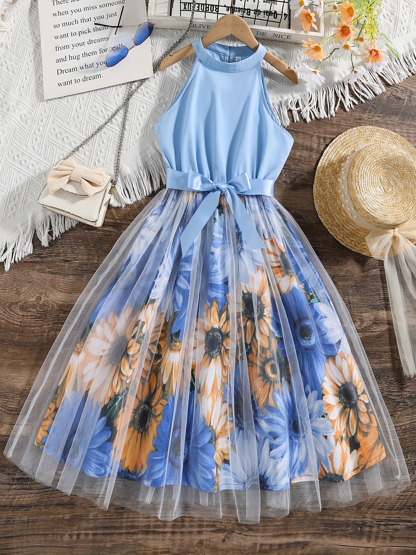 [Elegant Dress] Elegant Summer Party | Girls Splicing Flower Graphic Halter Neck Mesh Dress Tutu Dress | Gift