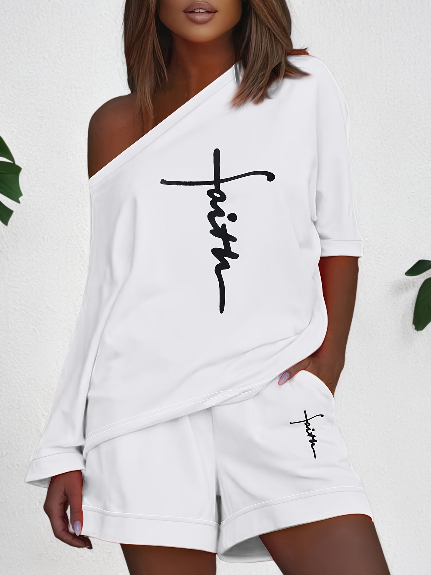 Chic Faith Printed Women's 2-Piece Set – Off-Shoulder Tee & Comfy Drawstring Shorts for Casual Wear