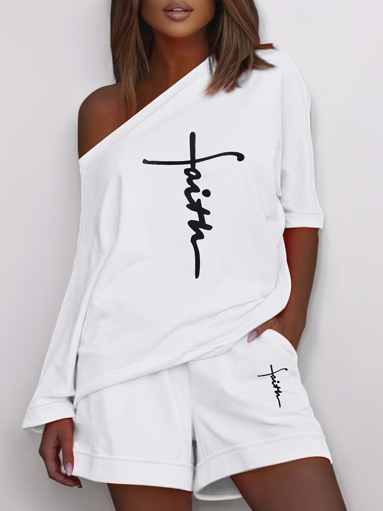 Chic Faith Printed Women's 2-Piece Set – Off-Shoulder Tee & Comfy Drawstring Shorts for Casual Wear