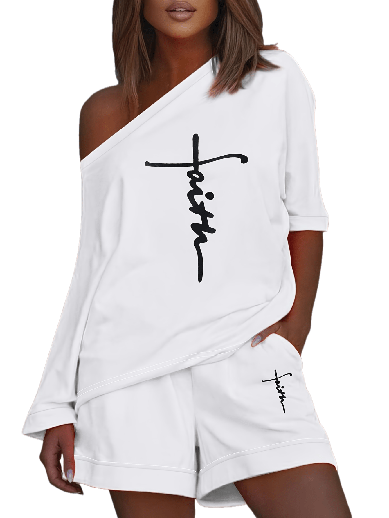 Chic Faith Printed Women's 2-Piece Set – Off-Shoulder Tee & Comfy Drawstring Shorts for Casual Wear