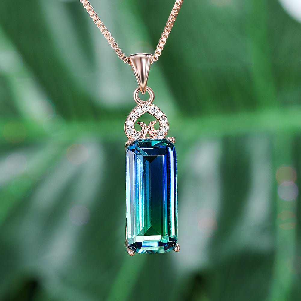 ANGOL Bohemian Rose Golden Necklace with Blue-Green Synthetic & White Synthetic Zirconia Bowknot Pendant - Four-Prong Setting for Everyday & Party Jewelry, Women's Fashion Gift, Engagement Accessory, Elegant Accessory, Bowkno