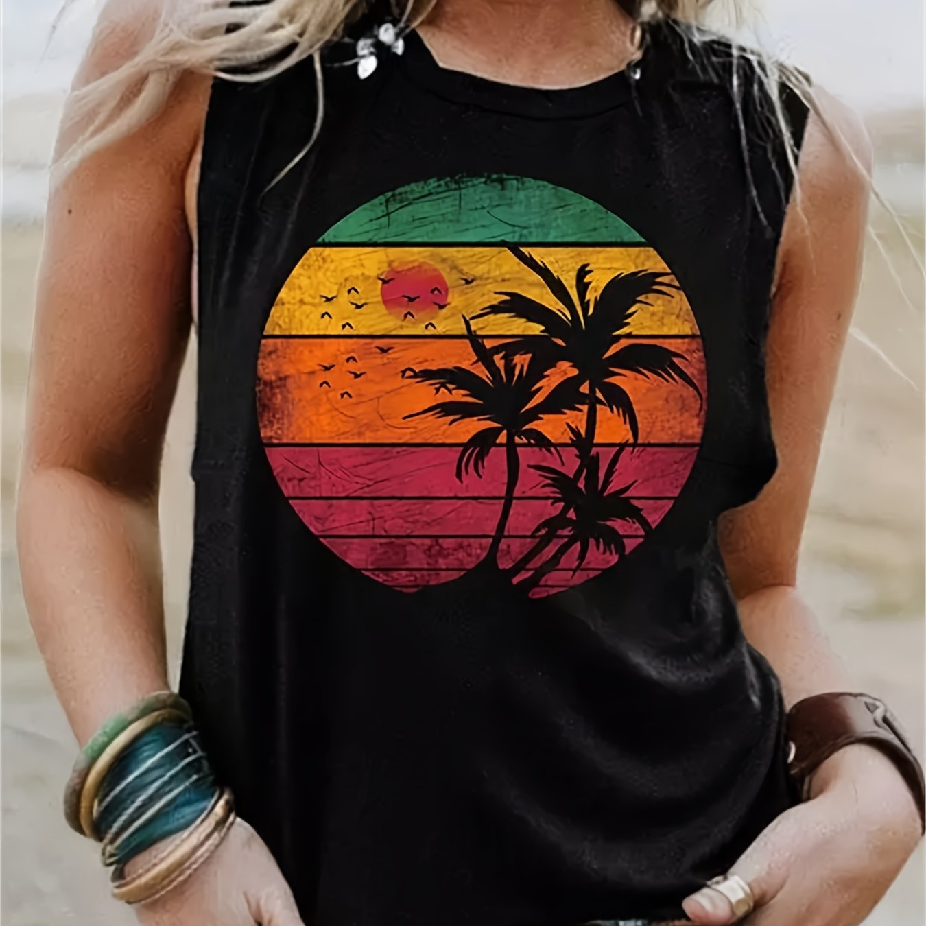 Sunset & Coconut Print Crew Neck Camisole Tank Top, Casual Sleeveless Vacation Vintage Tank Top, Women's Clothing