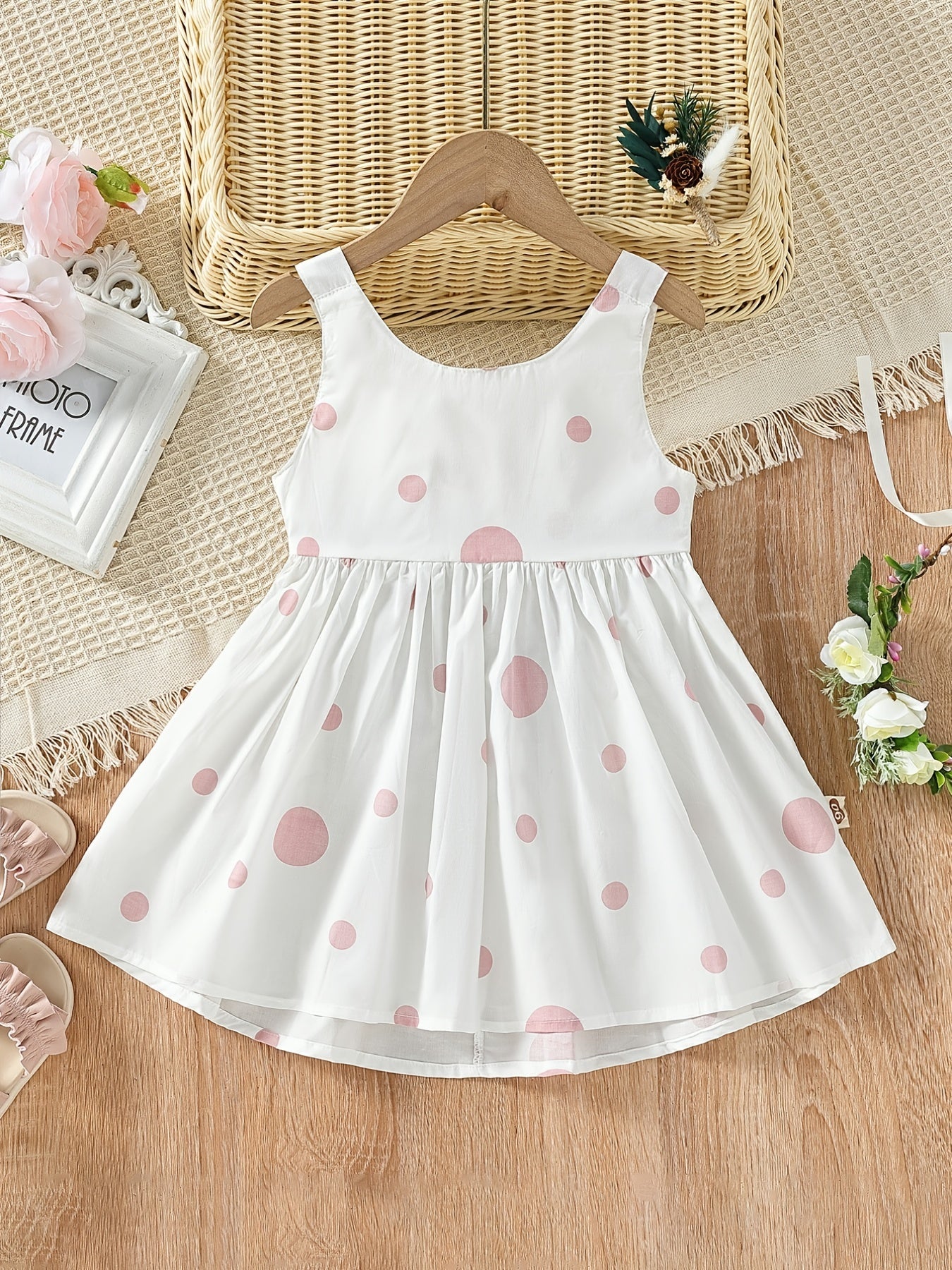 Girls' White Spaghetti Strap Dress with Red Polka Dots And Bow Decoration, a Cute Summer Outfit