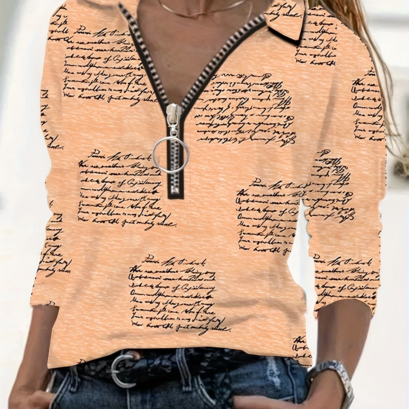 Graphic Print Zipper Polo Shirts, Casual Loose Long Sleeve Polo Shirts Tops For Spring & Summer, Women's Clothing