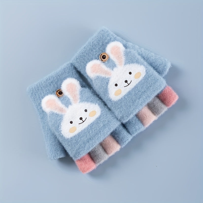 1 Pair Of Children's Gloves, Winter Five Finger Baby Thickened Half Finger Girl Knitted Cartoon Warm Flip Gloves