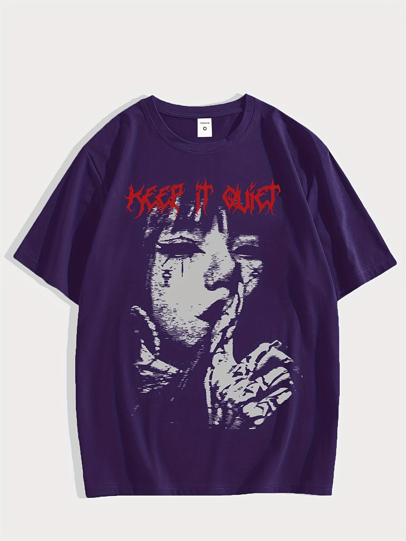 Men'S Keep it Quiet Gothic Character Graphic Tee - Casual Polyester Short Sleeve T-Shirt with Bold Red Lettering, Crew Neck, Spring/Autumn Streetwear
