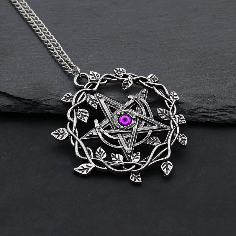 Vintage Pentagram Leaf Mosaic Purple Gemstone Pendant Necklace Women Fashion Wedding Party Jewelry Gifts