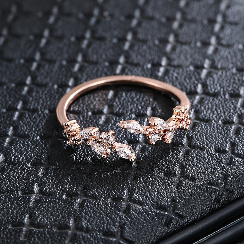 1pc Elegant Leaf Design Ring, Copper Material, Synthetic Zirconia Mosaic, Perfect for Daily and Party Occasions