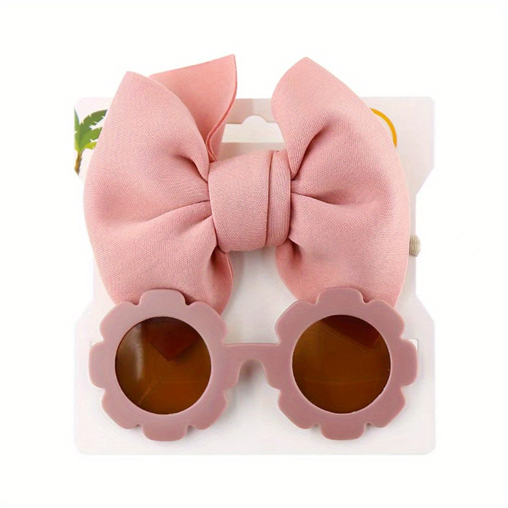Cute Outdoor Beach Baby Girl Gift Set - 2 Pieces Butterfly Tie Hair Band & Round Flower Fashion Glasses!