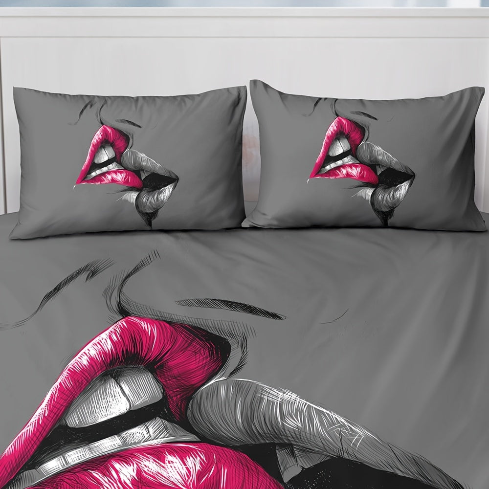 3pcs Couple Bedding Kiss Sketch Crimson Lips Kissing Guest Room Duvet Cover Set (1pc* Duvet Cover + 2pcs Pillowcase, No Pillow Core)