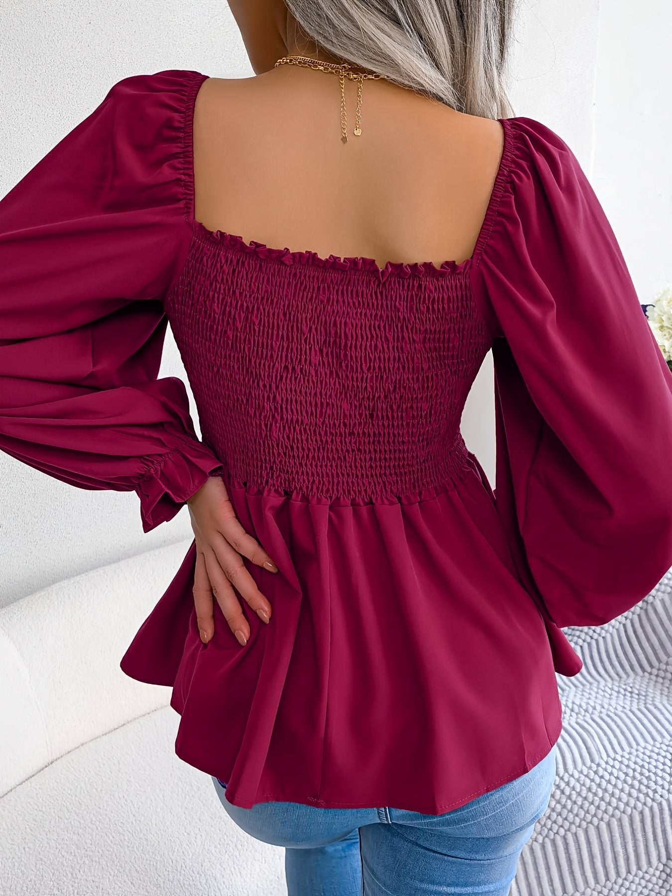 Shirred Lantern Sleeve Shirt, Casual Squared Neck Pleated Ruffle Trim Solid Shirt, Women's Clothing Wedding holiday vacation