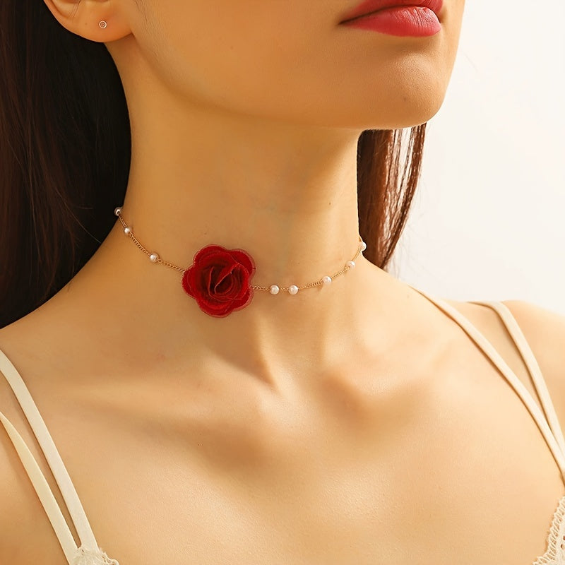 1pc Elegant Coquette Style 18K Golden Plated Faux Pearl Choker Necklace with Acrylic Fiber Flower, Versatile for Daily Wear, Parties, Weddings, and Special Occasions