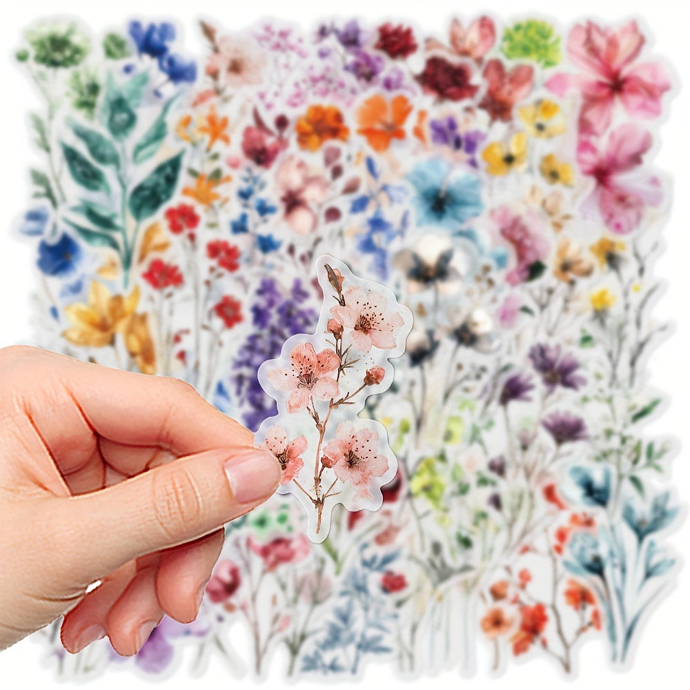 50pcs Transparent Flower Stickers, PET Plant Floral Decals for Scrapbooking, Journaling, DIY Crafts, Guitar, Notebook Decoration