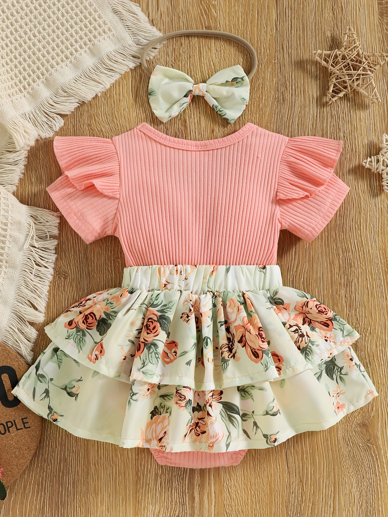 Baby Girls Spring Summer New Floral Skirt Swing Short Sleeve Romper Puffer Coat + Bow Headband Set, Suitable For Outdoor Wear