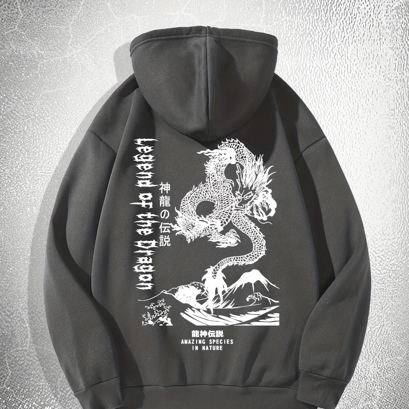 [Dragon Print Hoodie] White Polyester Dragon Print Hoodie - Casual & Trendy, Long Sleeves, Drawstring Hood - Streetwear Style