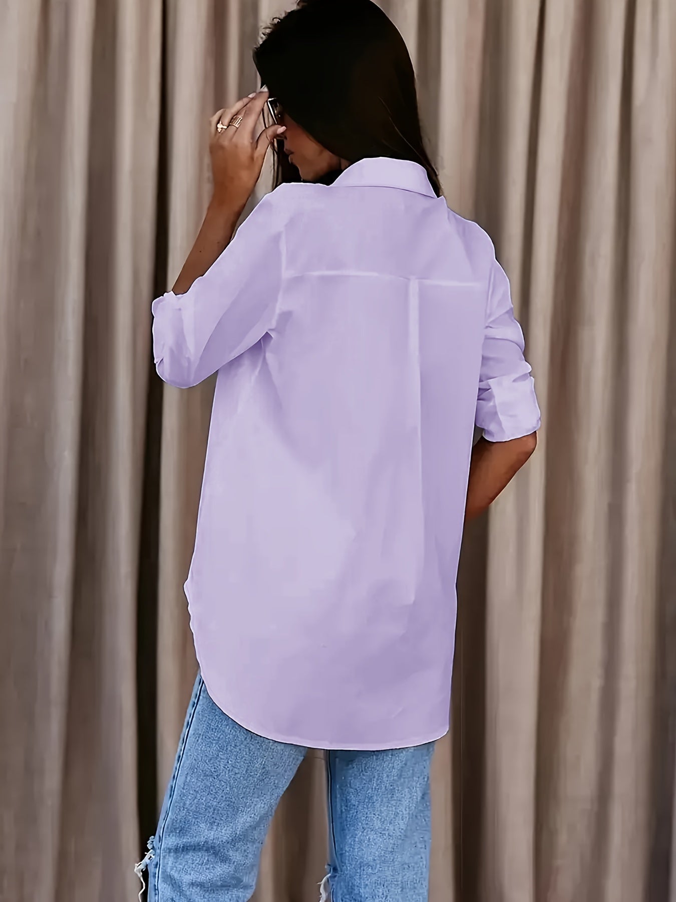 Solid Button Front Shirt, Casual Turn Down Collar Office Work Shirt, Women's Clothing