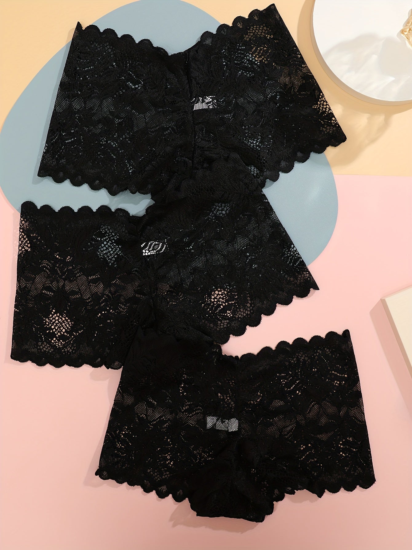 3pcs FINETOO Women's Sexy Low-Rise Lace Boyshort Panties - Breathable, Stretchy Nylon Blend with Floral Pattern, Scalloped Trim in Black, White, & Pinkish-Beige