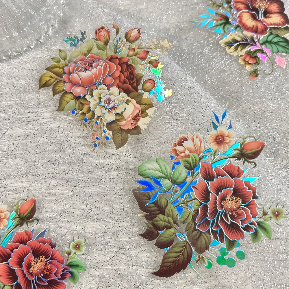 [Floral PET Stickers] 20-Pack Mixed Color Floral PET Stickers | Self-Adhesive Glitter Flower Decals for Scrapbooking, Journals, and Art Collages - Reusable Plant-Themed Embellishments with Shimmery Finish, Irregular Shapes