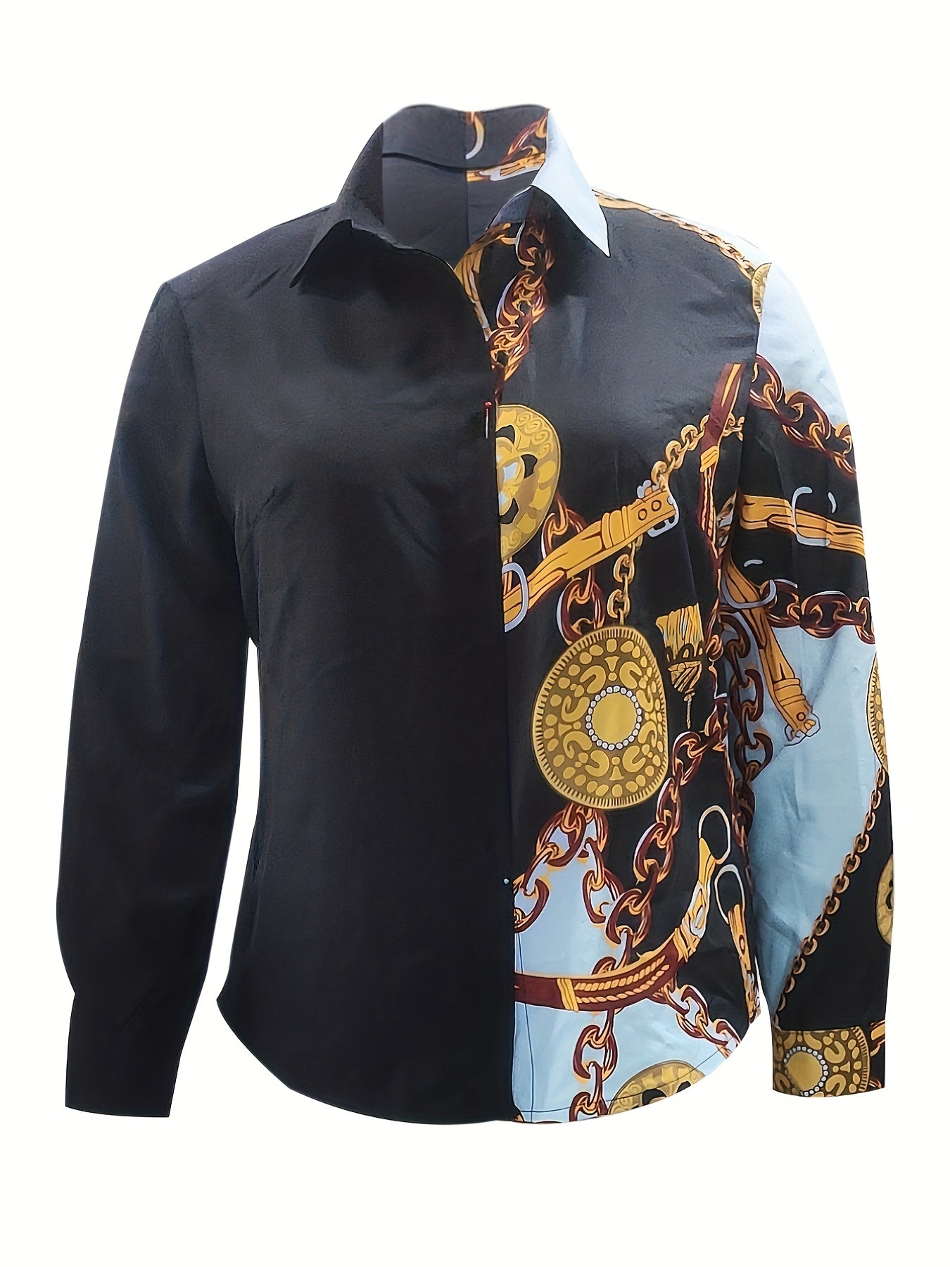 Plus Size Elegant Blouse, Women's Plus Colorblock Chain Print Long Sleeve Button Up Shirt