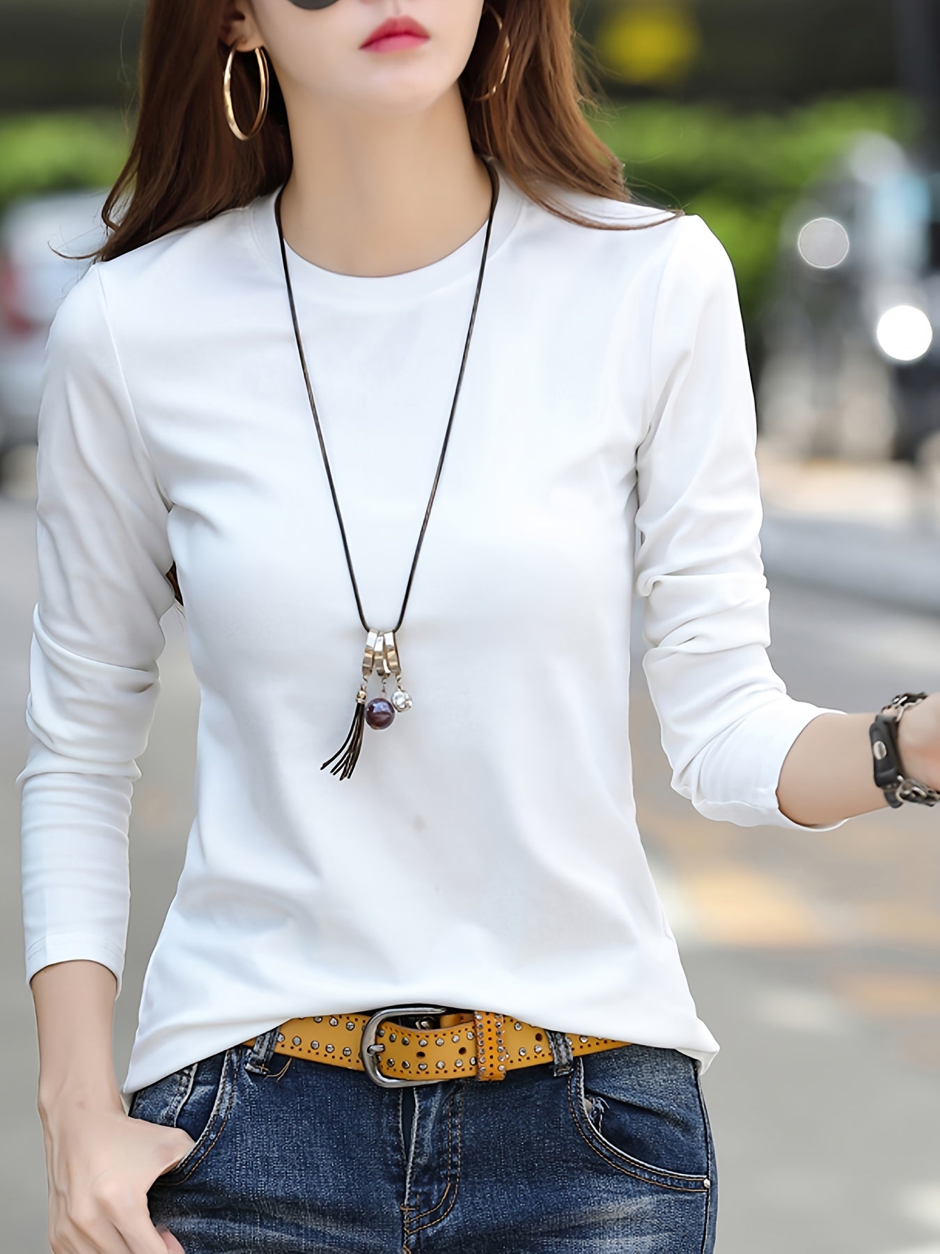 Women'S Elegant Crew Neck T-Shirt, 100% Polyester Knit Fabric, High Stretch Solid Color Top, Regular Length, 180gsm - Spring/Summer Fashion