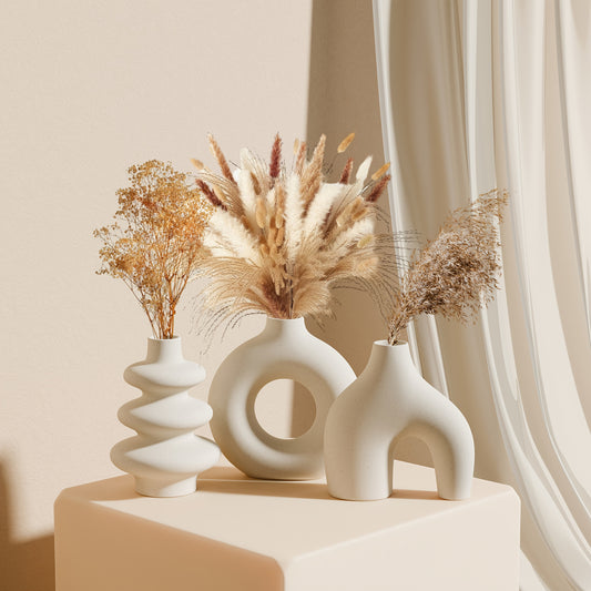 3pcs Bohemian Ceramic Vase, Geometric Round Decorative Vase, White Donut Vase, Gourd Shape Home Decorations for Table Centerpieces, Living Room Decorations / Bedroom Decorations / Wedding Decorations / Valentine'S Day Decorat