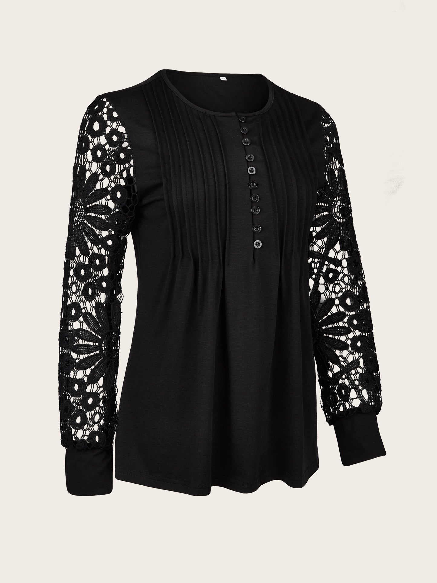 Lace Contrast Pleated Front T-Shirt, Button V Neck Long Sleeve T-Shirt, Casual Every Day Tops, Women's Clothing