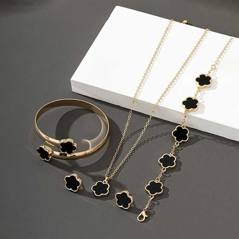 Clover Flower Jewelry Set, Elegant Sexy Style, Includes Clover Bracelet, Bangle, Stud Earrings, And Necklace Delicate Female Jewelry Set