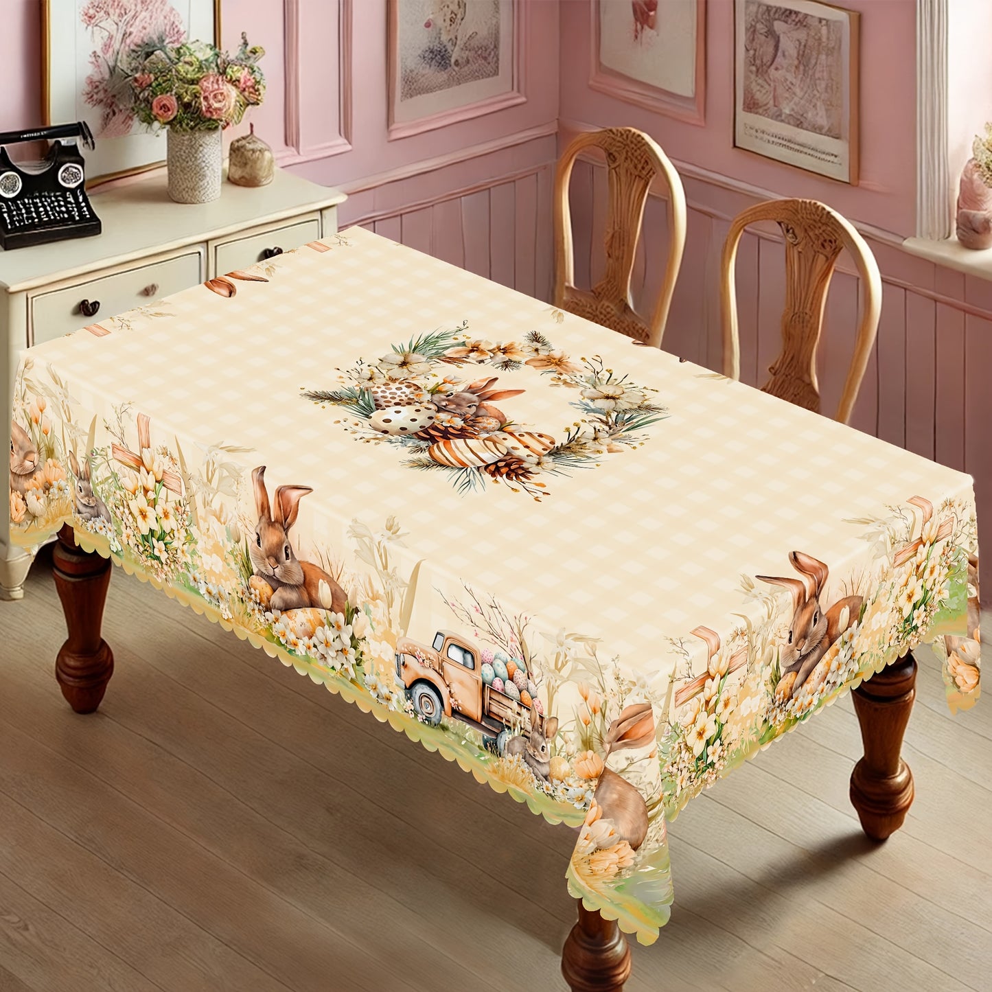 Durable Polyester Easter And Spring Themed Tablecloths, Tablecloths - Featuring Rabbit, Easter Egg, Flower, Cross, And Truck Patterns, Available in 5 Sizes - Round And Rectangular Tablecloths with Embossed Edges, Perfect for