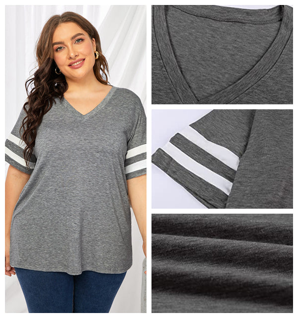 Plus Size Women's V-Neck Short Sleeve T-Shirt - Lightweight Stretchy Summer Tee with Random Print, Loose Casual Fit, Machine Washable, Sizes XL-5XL for Everyday & Office Wear, Versatile Clothing, Striped Print Shirt, Soft Fab