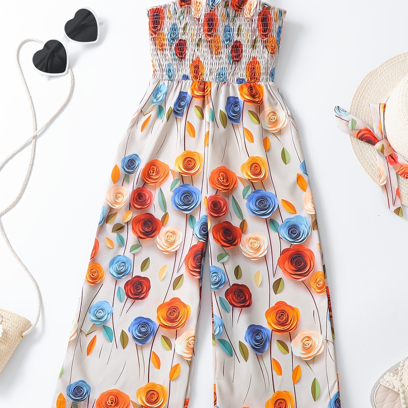[Boho Flower Jumpsuit] Boho Flower Print Girls Shirred Cami Jumpsuit | For Going Out Party Holiday Kids Summer Clothes