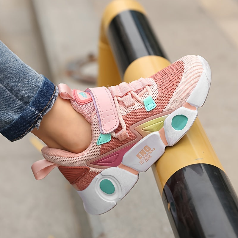 Girls' Breathable Knit Sneakers - Fashionable Striped Low-Top Sneakers with Closure, Lightweight & Comfortable for All Seasons, Pink & Black Design with Mesh Upper and EVA Sole, Youngsters Sneakers | Fashionable Striped Sneak