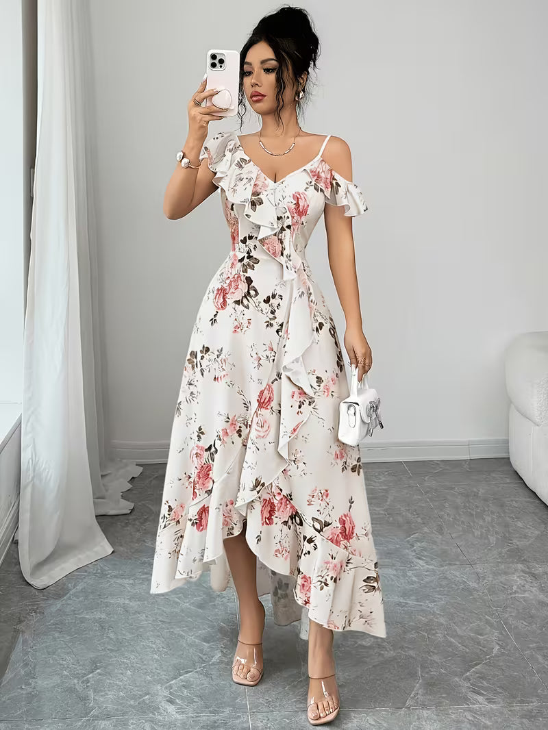 Rose Print Cami Off-Shoulder Ruffled Style Long Dress