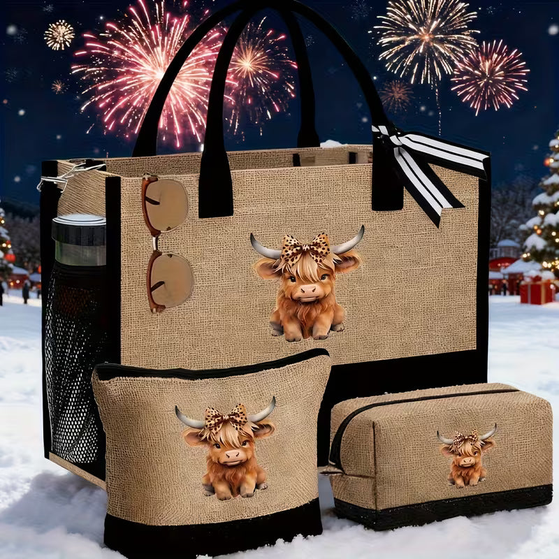 Cute Highland Cow Themed Beach Tote Bag Set