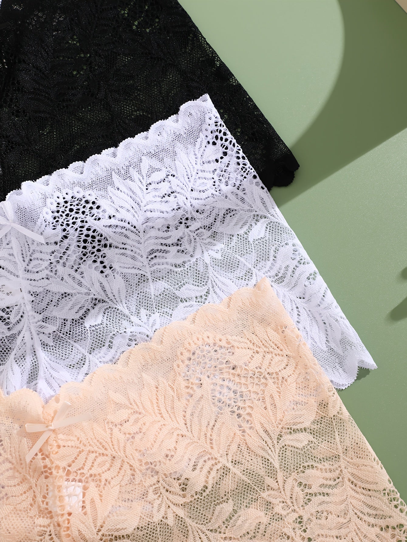3pcs FINETOO Women's Sexy Low-Rise Lace Boyshort Panties - Breathable, Stretchy Nylon Blend with Floral Pattern, Scalloped Trim in Black, White, & Pinkish-Beige