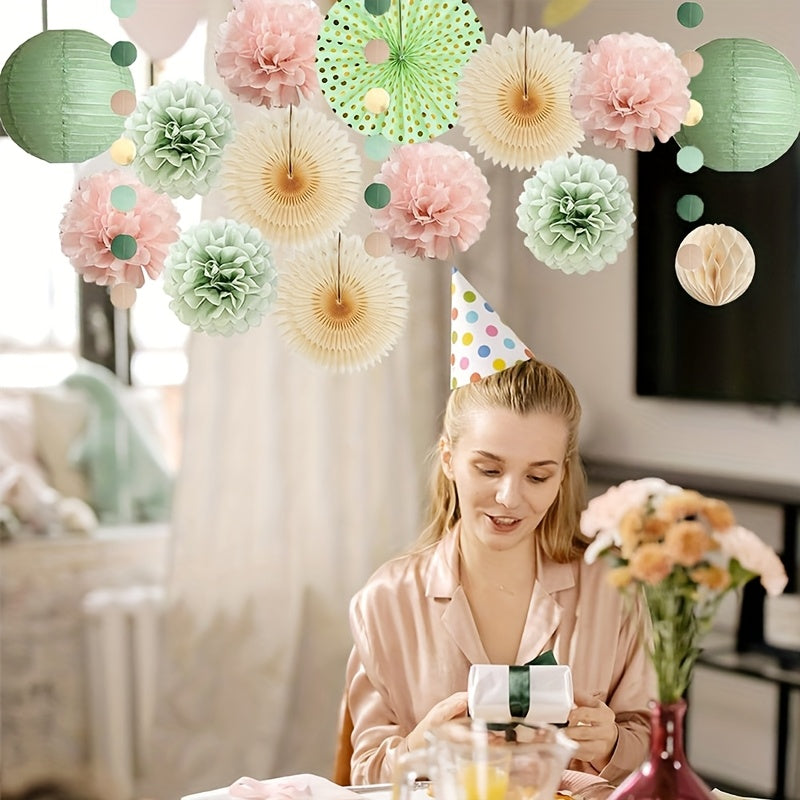 14pcs-Sage Green Paper Fan Lantern Set Bean Green Paper Flower Round Pieces String Wedding Party Decoration Supplies