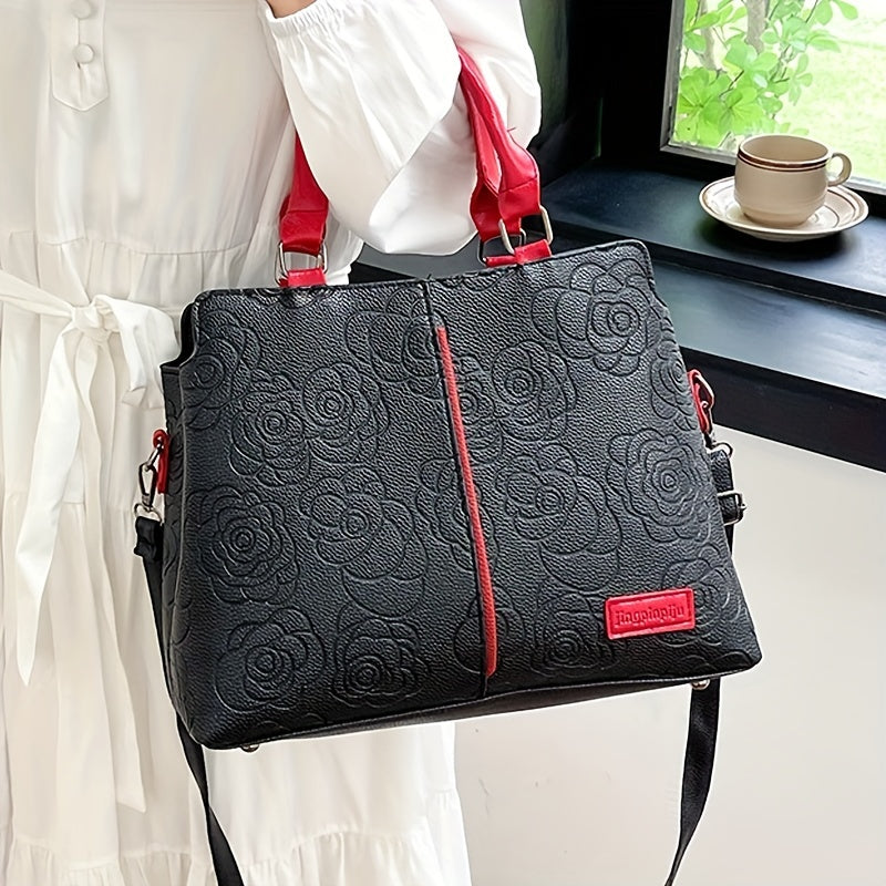 Chic Solid Color Letter-Embossed Handbag – Versatile, Foldable, Secure Zip & Removable Strap, Polyester-Lined for Daily Elegance (8.4x8.6x3.5) Inch