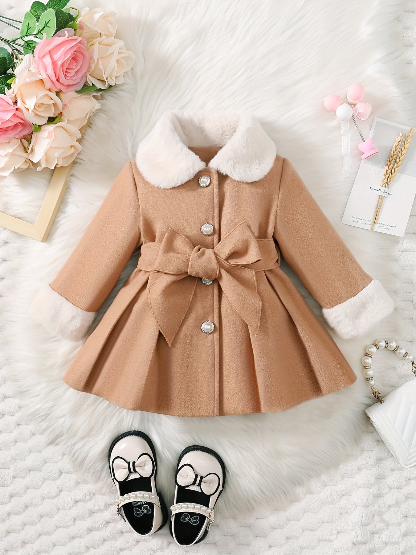 Fashionable And Versatile Coat for Baby Girls in Autumn And Winter, a Perfect Mother'S Day Gift. Adorable Plush Coat with a Bow And Collar, Designed for a Sweet Princess Look. Soft And Comfortable Outerwear to Keep Baby Warm