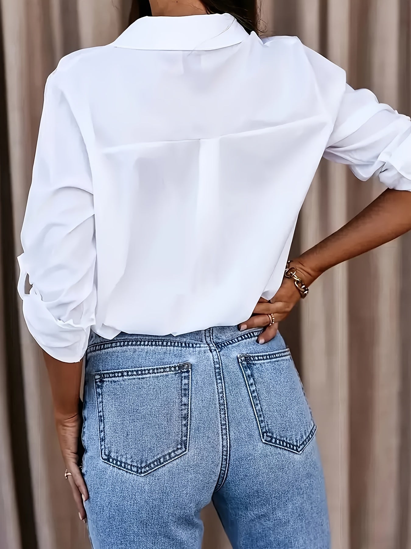 Solid Button Front Shirt, Casual Turn Down Collar Office Work Shirt, Women's Clothing