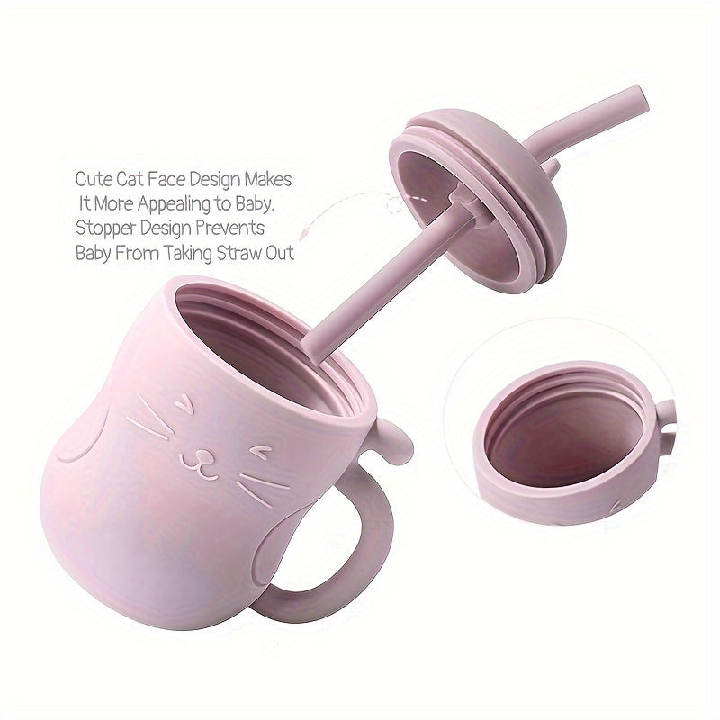TYRY.HU Baby Learning Cup with Straw & Lid - Leak-Proof Soft Silicone Training Cup Suitable for, Feeding, Lid & Straw, Cute Cat, Easy to Clean, (4 Colors: ///)