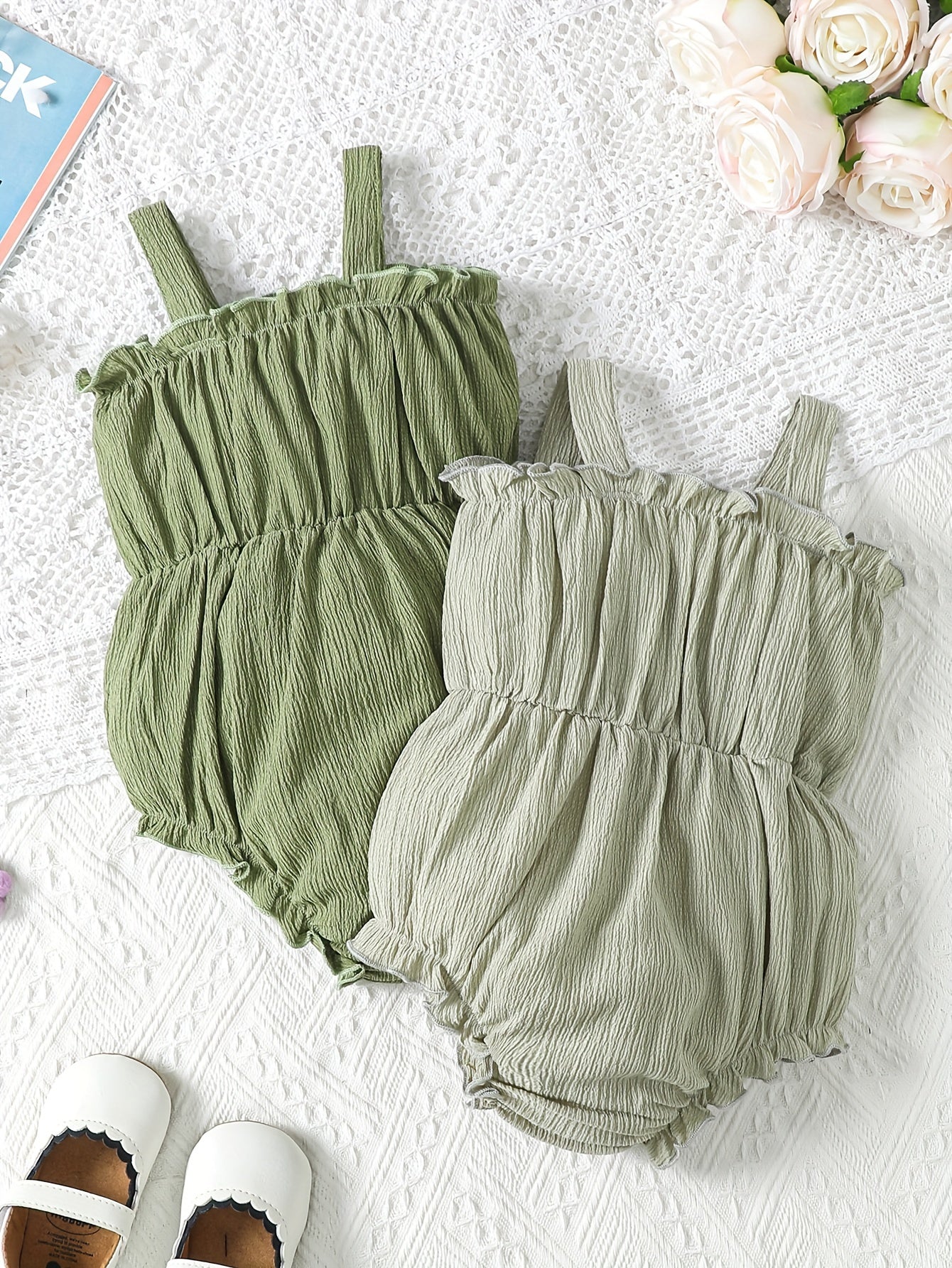 JOPGEEY 2pcs Soft & Stylish Baby Girl Rompers - Solid Color, Bubble Texture with Ruffled Trim, Perfect for Summer Outings, Perfect for Outdoor