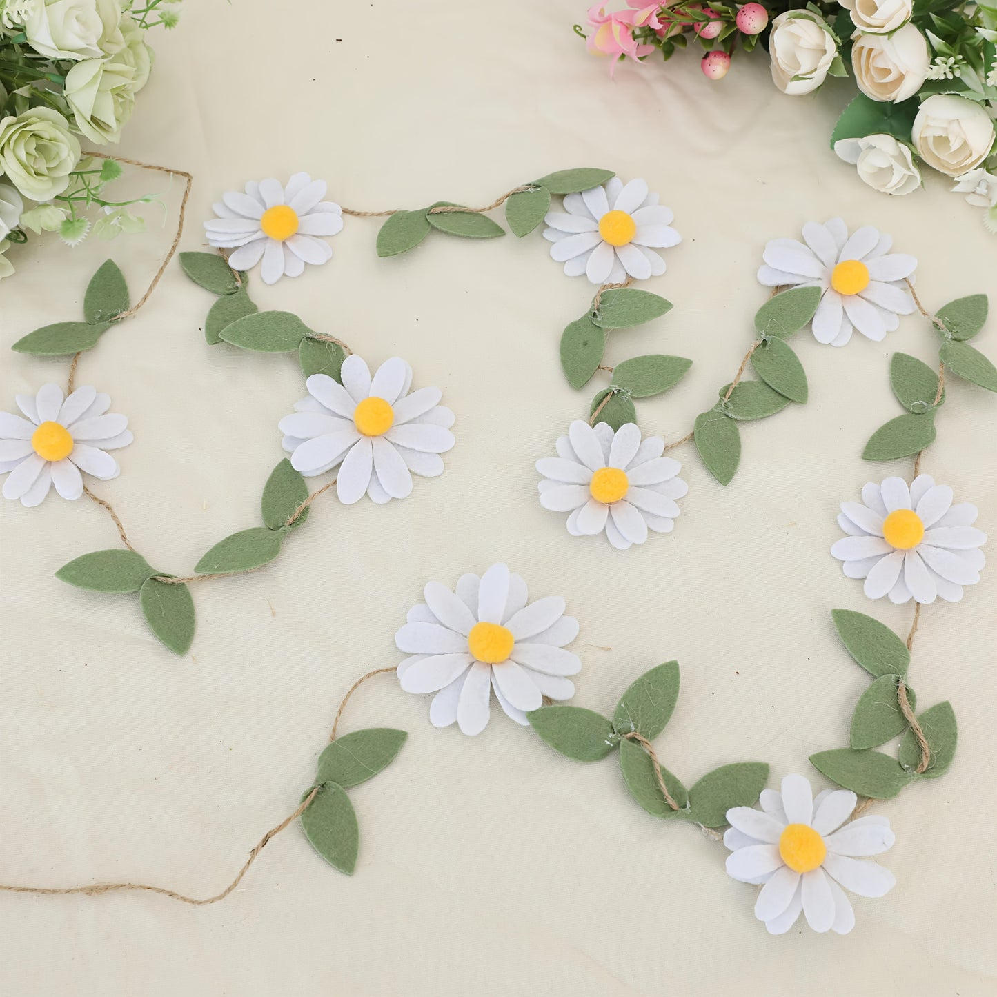 Handcrafted Bohemian Flower Garland - Pastel Pink, White, Orange, Purple Daisy Decor with Green Leaves on Twine - Ideal for Spring Events, Weddings, Birthdays, Youngsters Showers - Versatile Fabric Photo Backdrop & Bedroom De