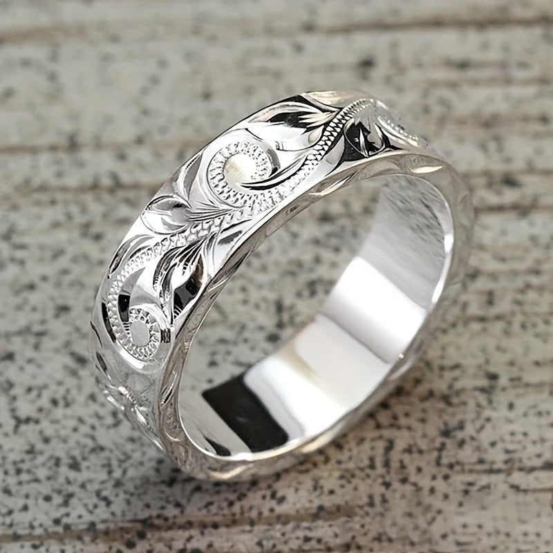 Elegant Hand-Carved Leaf & Flower Wide Band Ring – Unisex Fashion Accessory for Daily & Party Wear, Classic Simple Style, Non-Tarnish Copper, Valentine's Gift – All Seasons Suitable