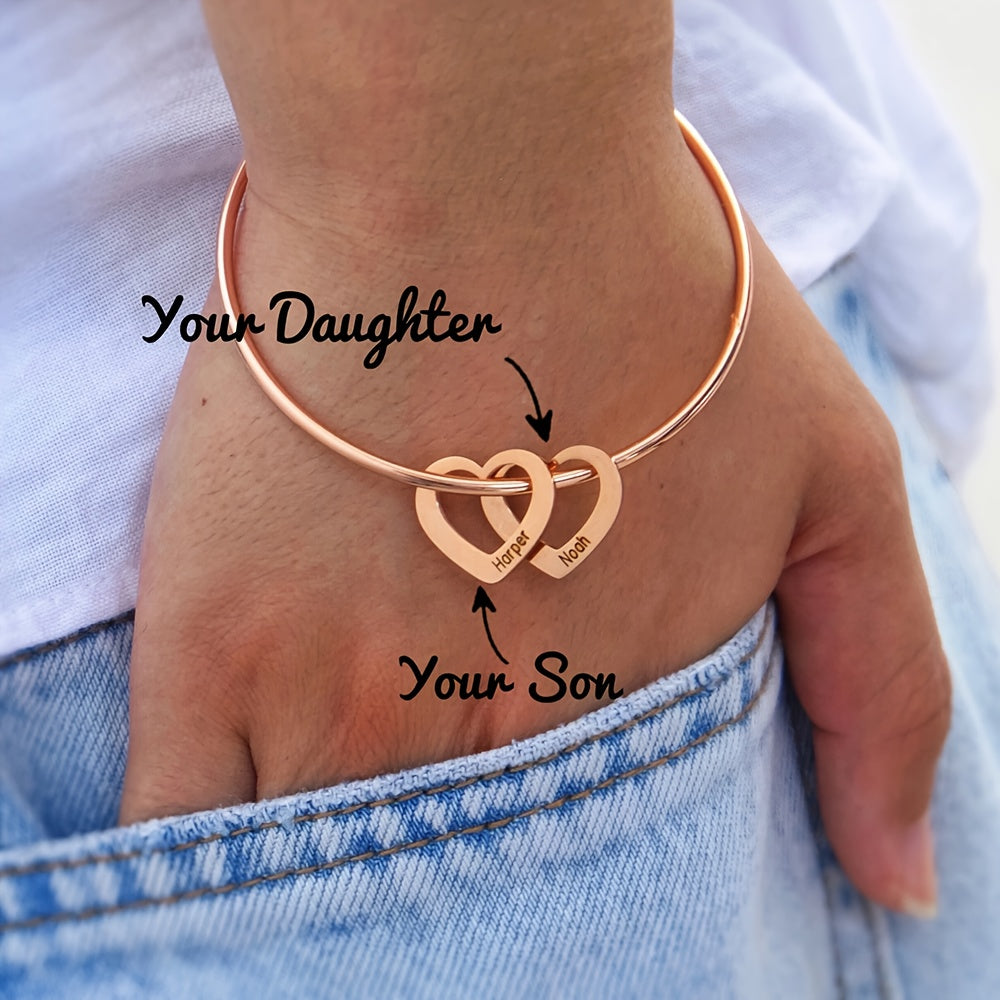 Customized Stainless Steel Bangle with Personalized Lettering - Adjustable, Engraved Family Names, Heart Charms, Meaningful Mothers Day Gift, Durable Fashion Jewelry