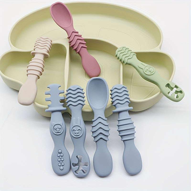4pcs Baby Silicone Chewing Spoon Set, Food Grade Silicone Spoon And Fork Set, Silicone Spoon, Silicone Cutlery Training, Soft Feeding Cutlery